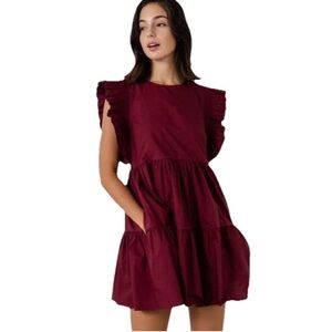Tuckernuck English Factory Ruffled Babydoll Mini Dress Sz XS Burgundy Cotton
